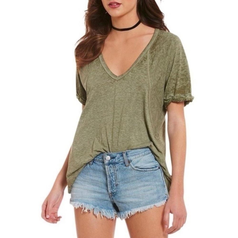 Free People Green Fallon V-neck Burnout Tee Shirt